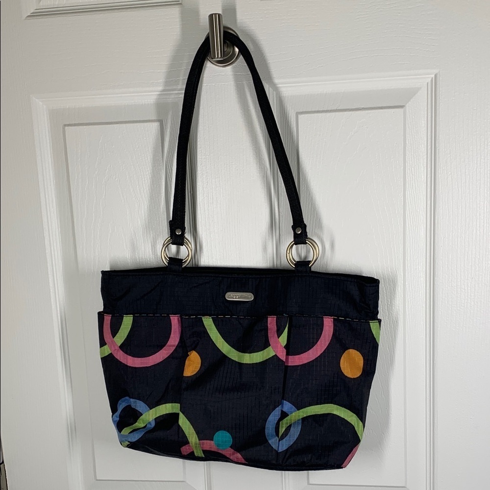 Baggallini black shoulder tote with colorful circle print
